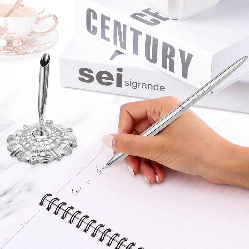 RUTICH Hollow Round Pen Holder Signing Pen Set for Wedding Bridal Engagement Valentine's Day Favors,Silver 2 Pcsâ€¦ - Image 5